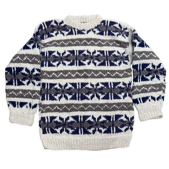 Chunky 100% Wool Knit Crew Neck Sweater VTG 80s fair Isle Nordic Size XL Grandpa - Picture 1 of 9
